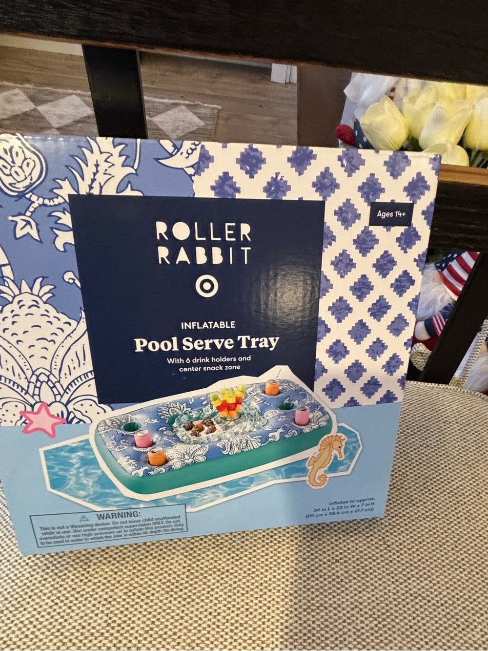 Roller Rabbit Blue and White Inflatable Pool Serve Tray - Picture 2 of 6